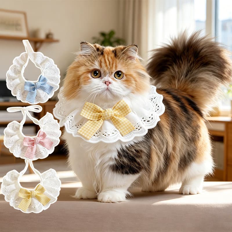[Novo produto] Coleira xadrez fofa para animais de estimação Coleira para gatos Coleira de renda para cães Suprimentos p