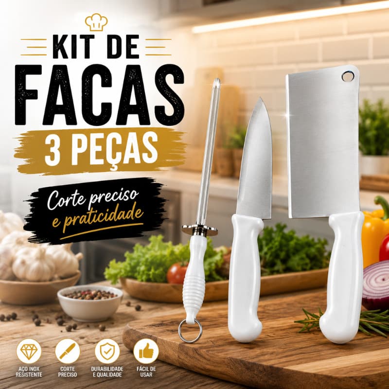 Kit de Facas 3 Peças para Cozinha Cutelo 7” Faca 5” e Chaira Afiadora Branco para Carnes e Churrasco |TP523| Promoção