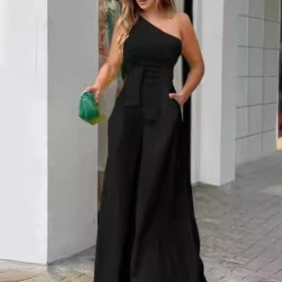 Macacão Casual Feminino de Verão com Decote Assimétrico, Laço Lateral, Ombro Descoberto, Cintura Alta, Bolsos e Pernas L