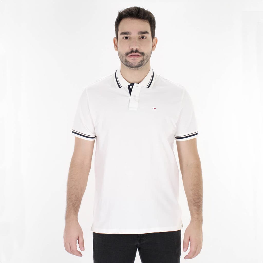 Camiseta Polo Tommy Piquet Off White e Azul - Masculino