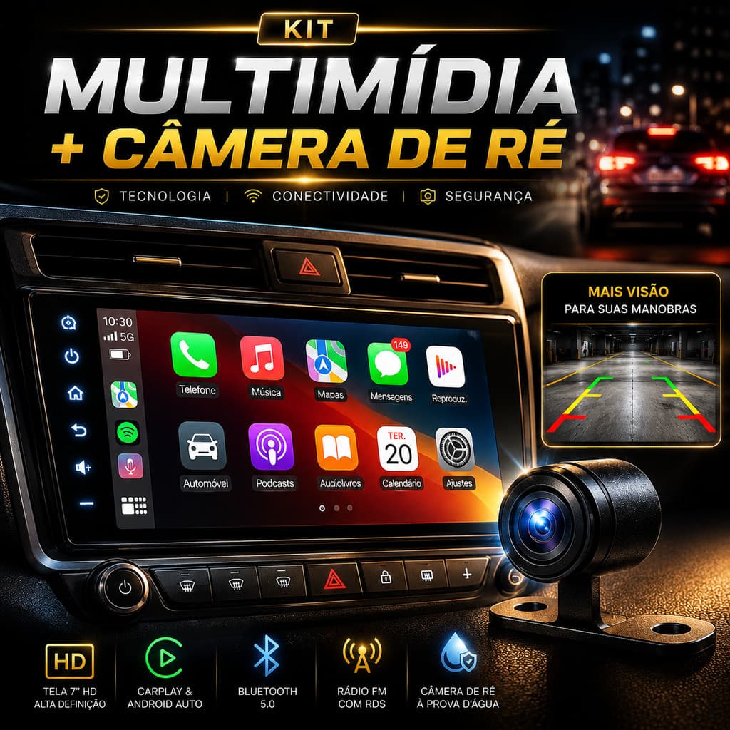 Kit Central Multimídia RS-7007BR Plus 7" + Câmera de Ré RS210 C CarPlay Android Auto Bluetooth Tela Touch USB RCA