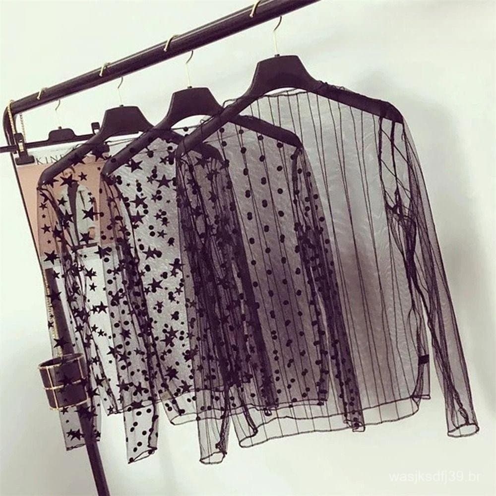 Camiseta Transparente HOURE Lace T shirt , See-Through Long Sleeve Mesh Ladies Tops , Fashion Fishnet Turtleneck Floral
