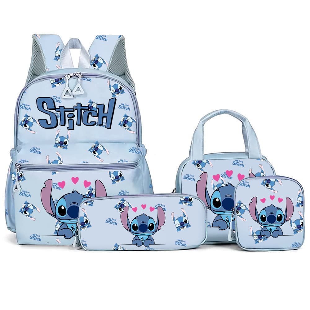 Mochila de quatro peças Stitch para meninas, mochila infantil de desenho animado, mochila de estudante de grande capacid
