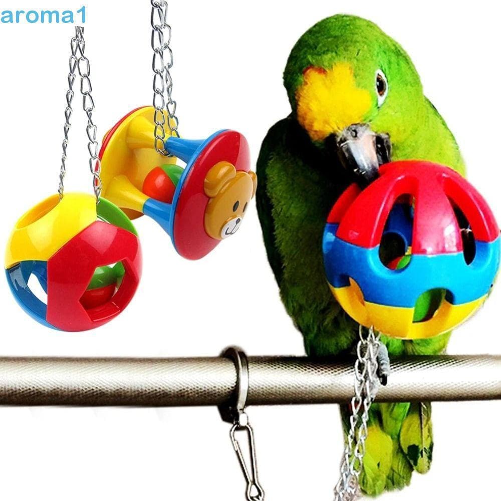 Brinquedo de Mastigar para Papagaios AROMA1, Bolas de Plástico Coloridas, Bonito com Corrente de Contas e Sinos JWDK
