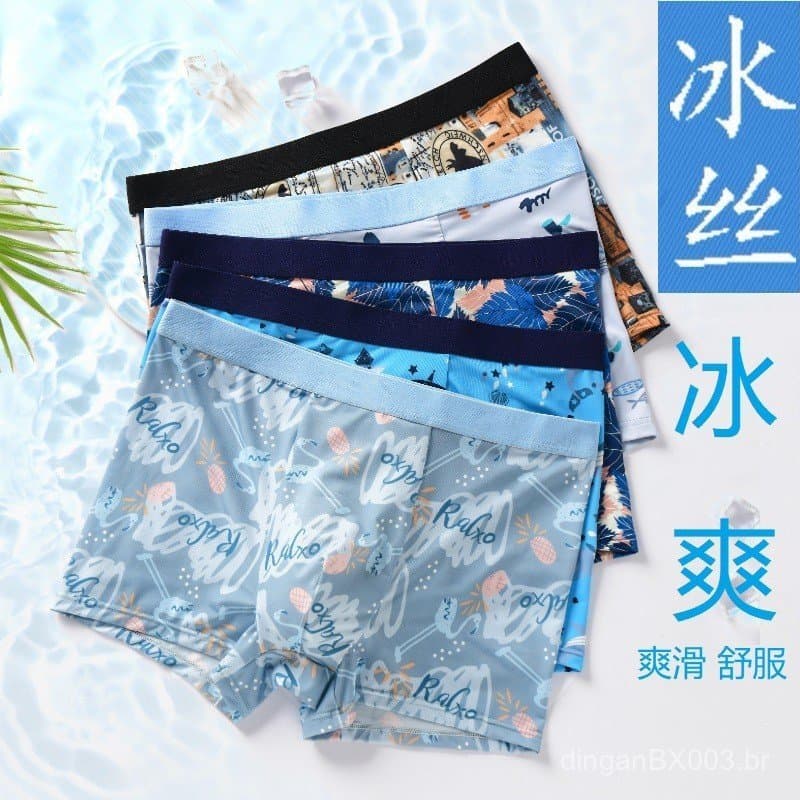 Cuecas Boxer Masculinas de Seda Gelada Estampadas, Ultrafinas, Frescas e Refrescantes, Tamanho Grande, Cueca Boxer de Ma
