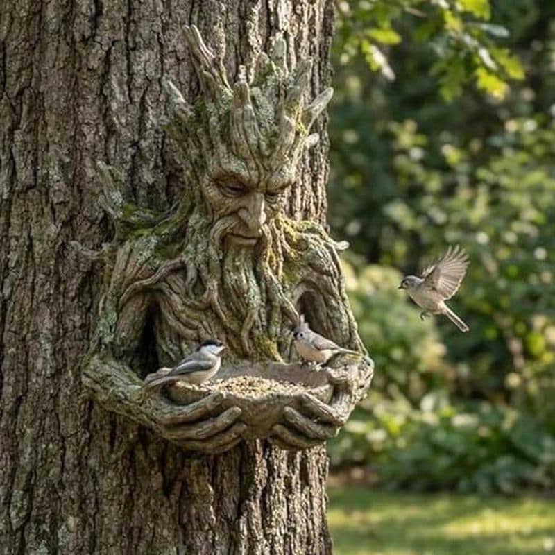 Oferta Silenciosa Uma Escultura De Alimentação De Pássaros Integrada Em Árvore , Decoração De Rosto De Alimentador Ao Ar