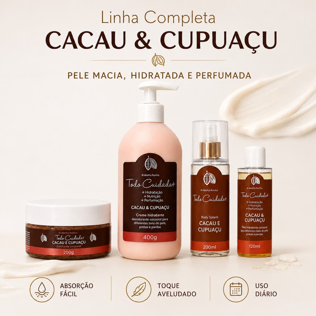 Kit Cacau & Cupuaçu Para O Corpo Com Creme 400g Esfoliante 200g Body Splash 200ml E Óleo 120ml