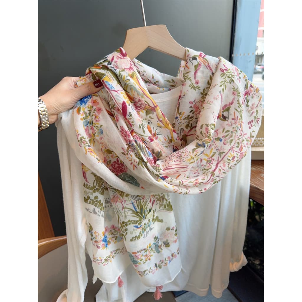 Estilo étnico Floral algodão linho cachecol feminino primavera verão fino lenço de seda protetor solar sombra xale viage