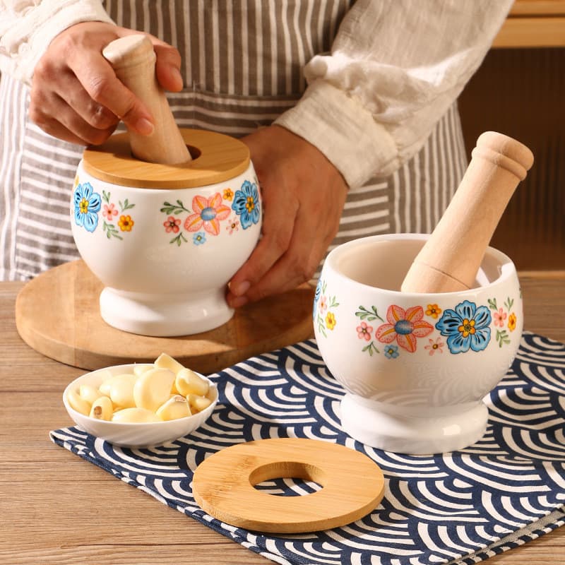Pilão de alho de cerâmica, pilão de pedra, moedor manual de alho, pote triturador doméstico, espremedor manual de pasta