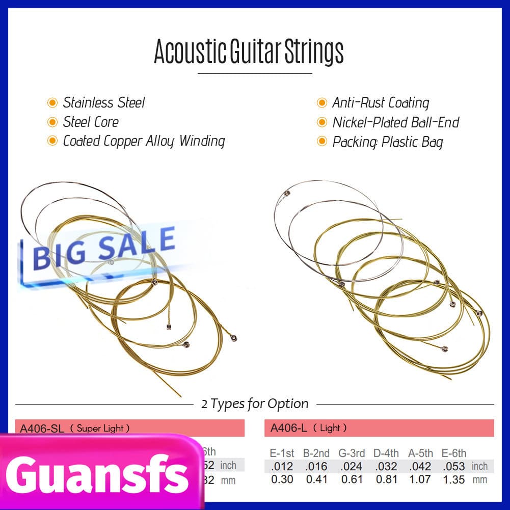 Guansfs.br Conjunto de cordas para violão folk acústico série Alice A406, núcleo de fio de aço inoxidável revestido com