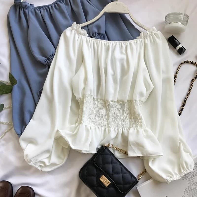 Blusa Elegante para Jovens Mulheres, Blusa de Chiffon da Moda, Camisa Branca com Ombros Descidos, Manga Bufante com Baba