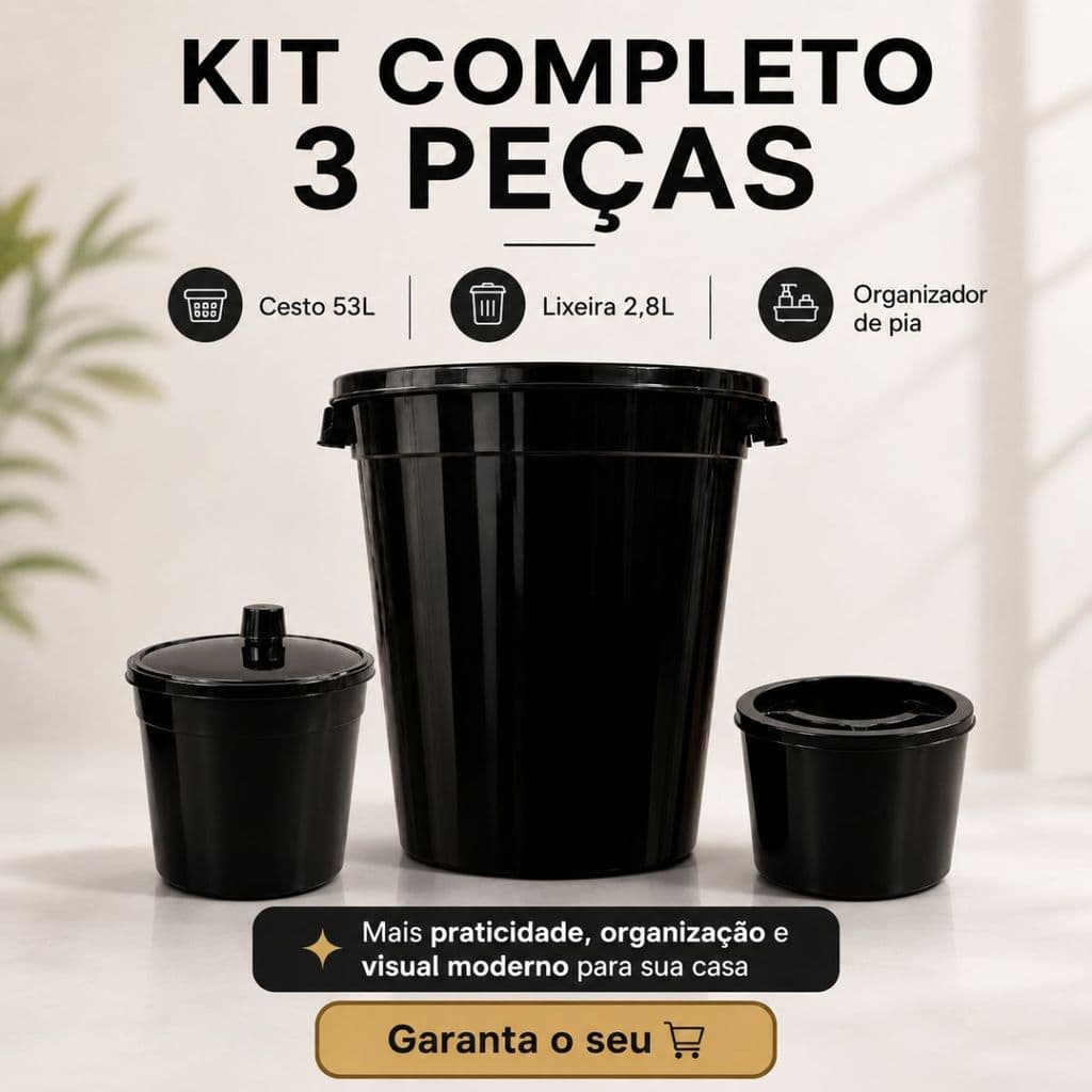 Kit Pia Elegance Cozinha Jogo 3 Peças Cesto 53L Lixeira 2,8L Organizador Multiuso Preto Casa