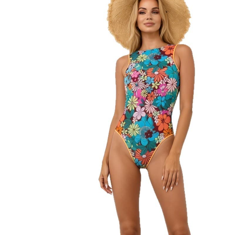 Biquíni inteiro sensual de malha estampada russa, maiô multicolorido com proteção solar para mulheres.