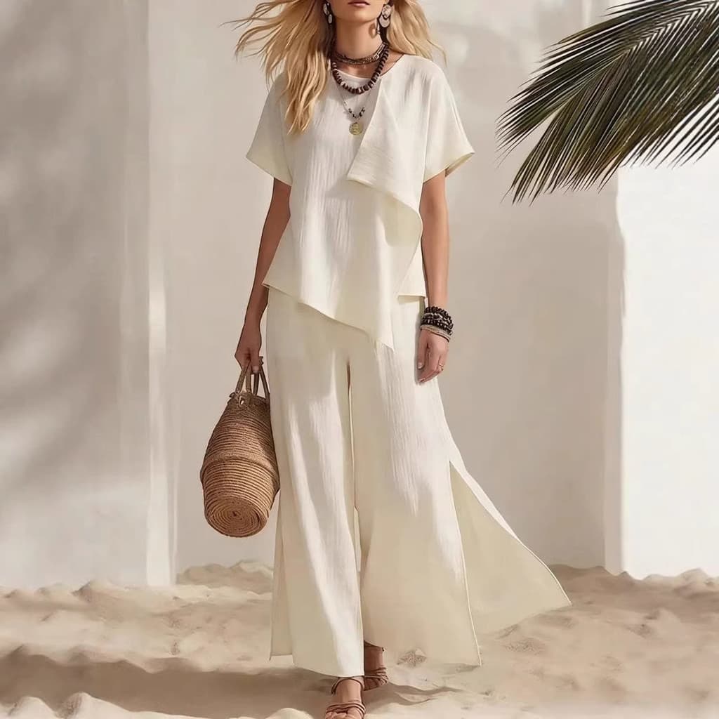 2026 Moda feminina Casual Irregular manga curta fenda superior calças largas