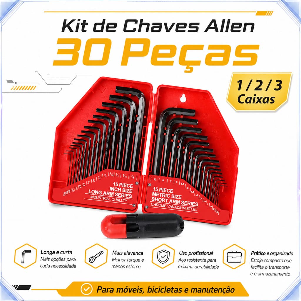 Kit Chave Allen L 15 Métrica +15 Polegada com Haste Auxiliar, Organizado em Estojo