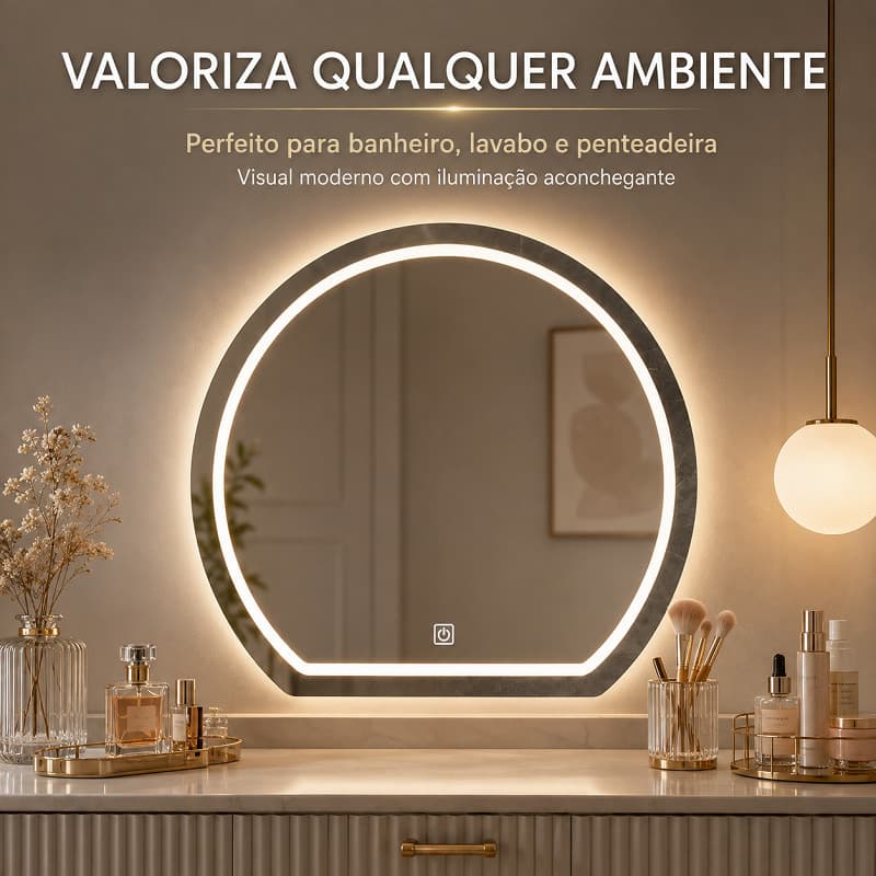 Espelho LED Redondo Decorativo Para Quarto,3 Cores Luz,Toque Inteligente,Vidro Anti‑quebra Bivolt Parede