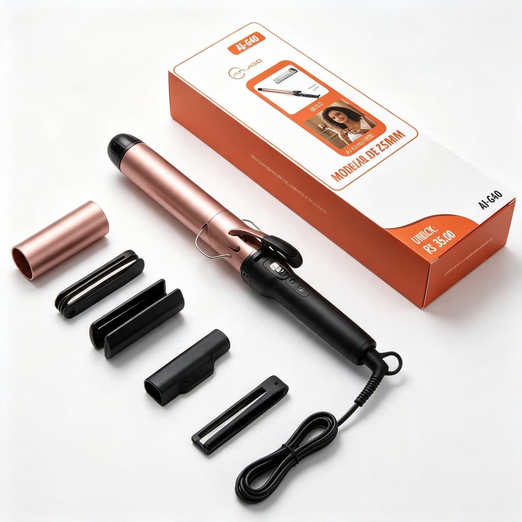 Modelador de Cabelo Cacheador 25mm Profissional Cerâmica, Temperatura Ajustável, Com Acessórios para Cachos
