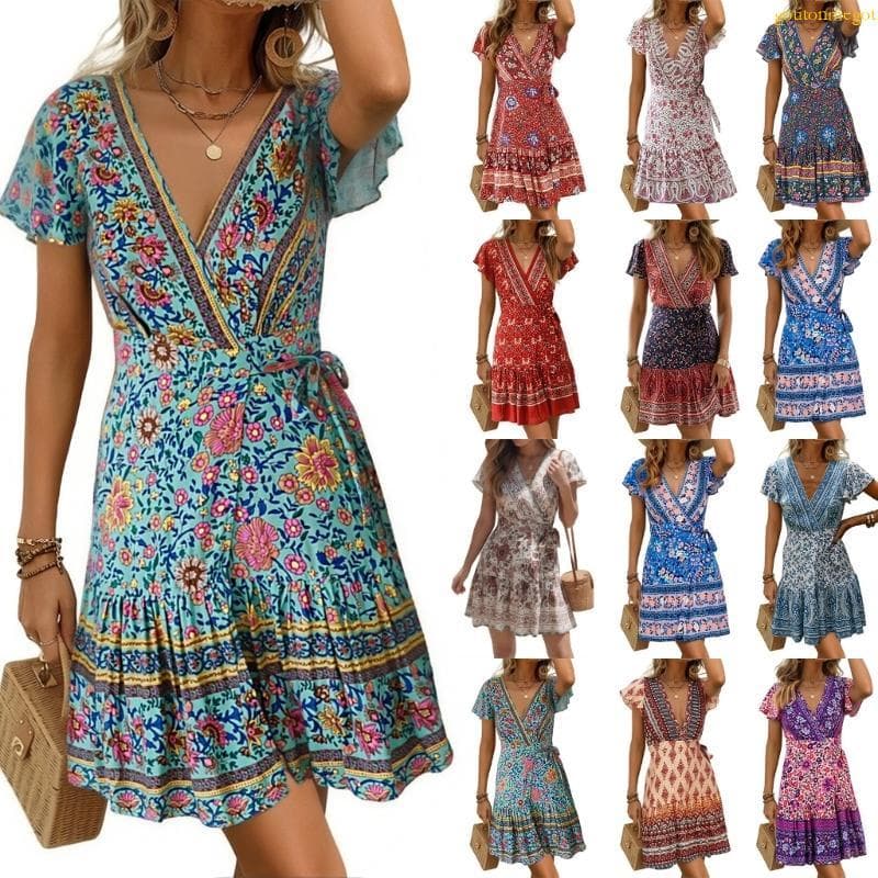 gotitonmegot Vestido Feminino Curta Casual Boêmio Praia Babados