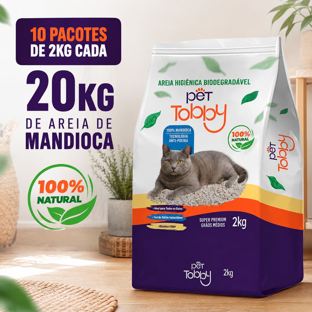 Areia Higiênica Para Gato Mandioca 10kg e 20Kg Pet Tobby Biodegradável Areia de Gato