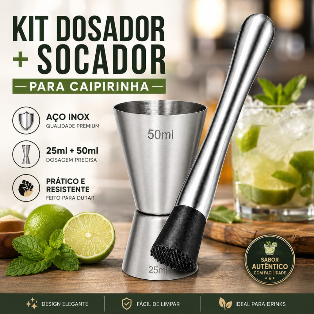 Kit Caipirinha Socador + Dosador de Bebida Duplo 25ml 50ml Aço Inox para Drinks Coquetéis Bartender