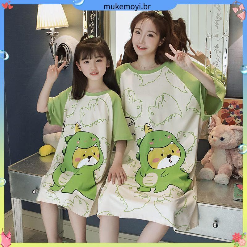 Dinossauro mãe-filha pijamas meninas camisola verão fino manga curta médio grande crianças meninas médio