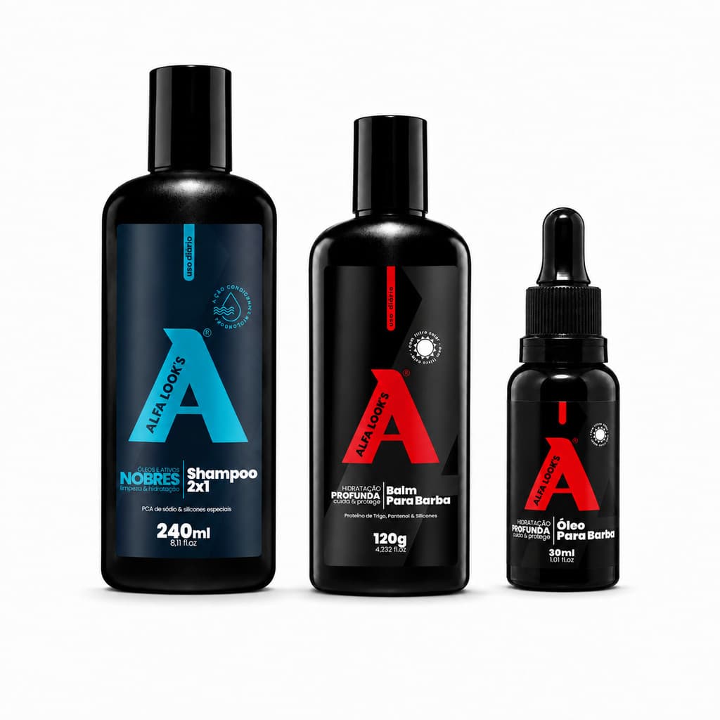 Kit Rotina Completa Alfa Look's Shampoo 2 em 1 Balm Hidratante e Óleo para Barba Cuidados Diários