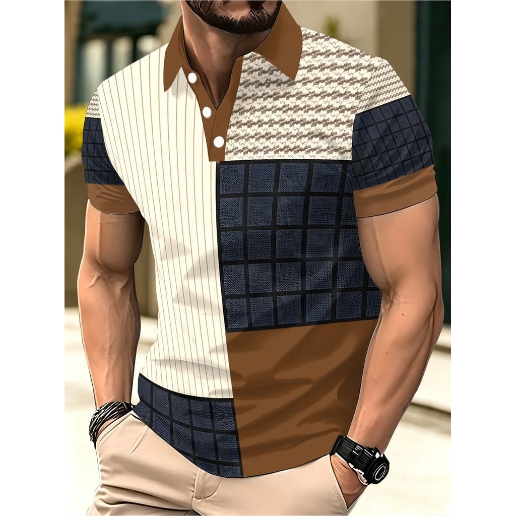 Camisa polo masculina de manga curta verão Casual camisa polo com bloqueio de cores adequada para atividades ao ar livre