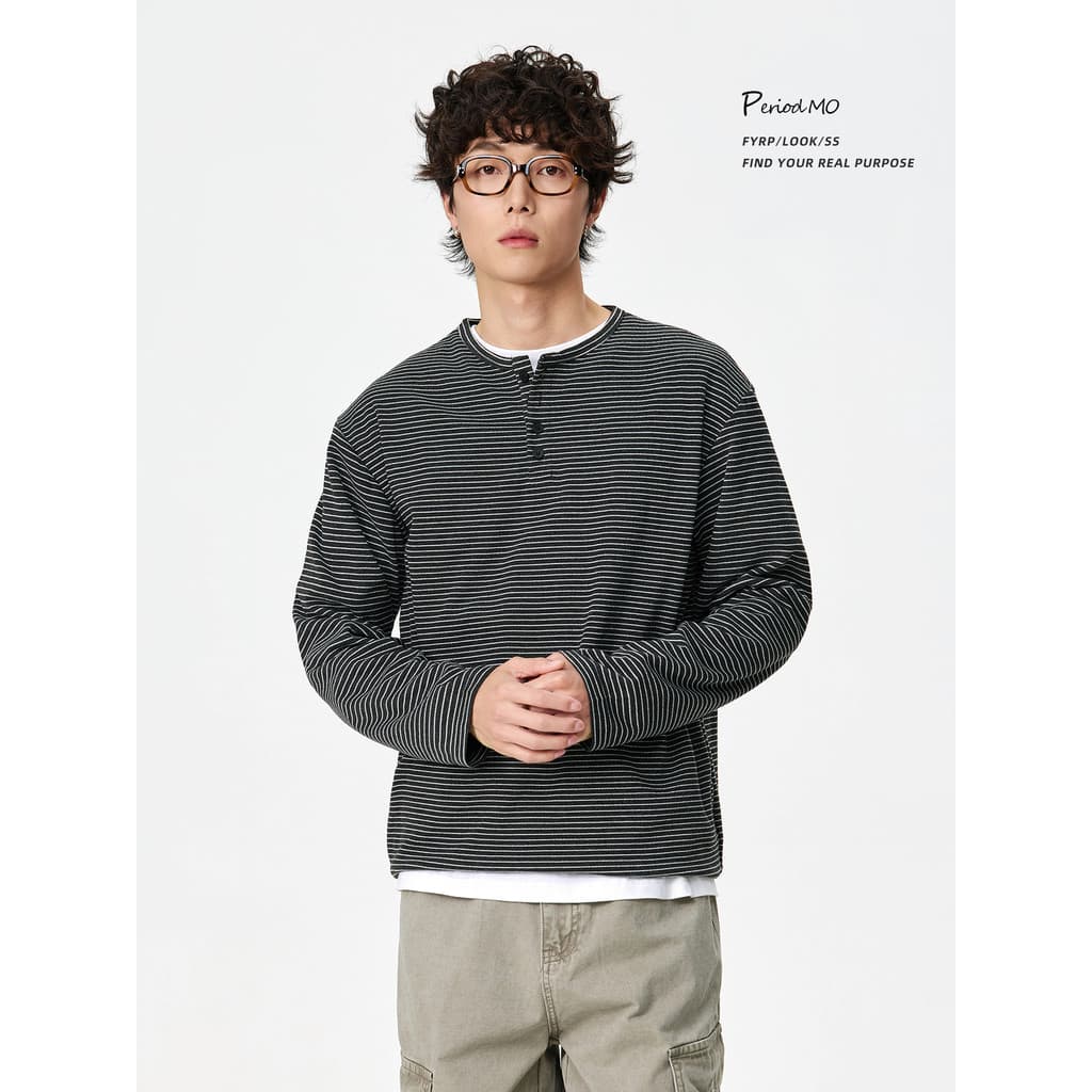 FYRP Momo American Preppy Style Listrado Henry Collar Camiseta de manga comprida Homens Mulheres Primavera Solta All-Mat