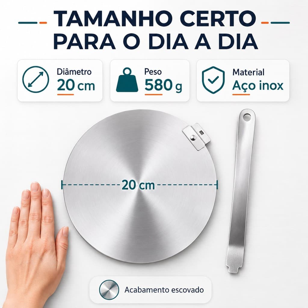 Adaptador Conversor para Fogão de Indução 20cm em Aço Inox Disco Difusor de Calor com Cabo Removível