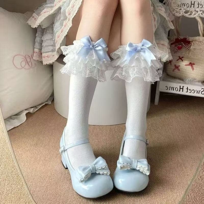 Verão fino azul arco lolita renda novo estilo tubo médio estilo japonês malha menina lolita meias 8.20