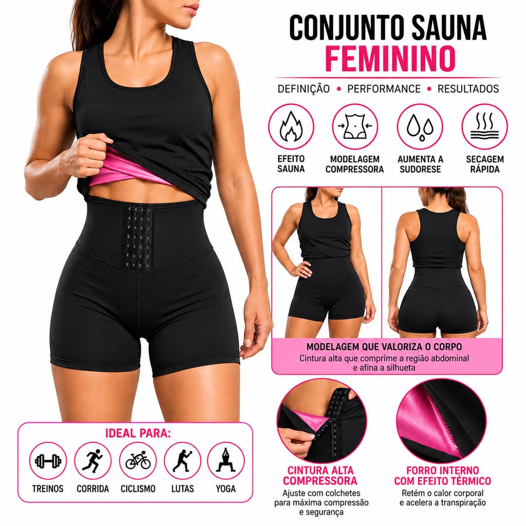 Kit Short  Sauna + Regata Sauna Feminina   Shaper Queima Gordura Cinta Modelagem