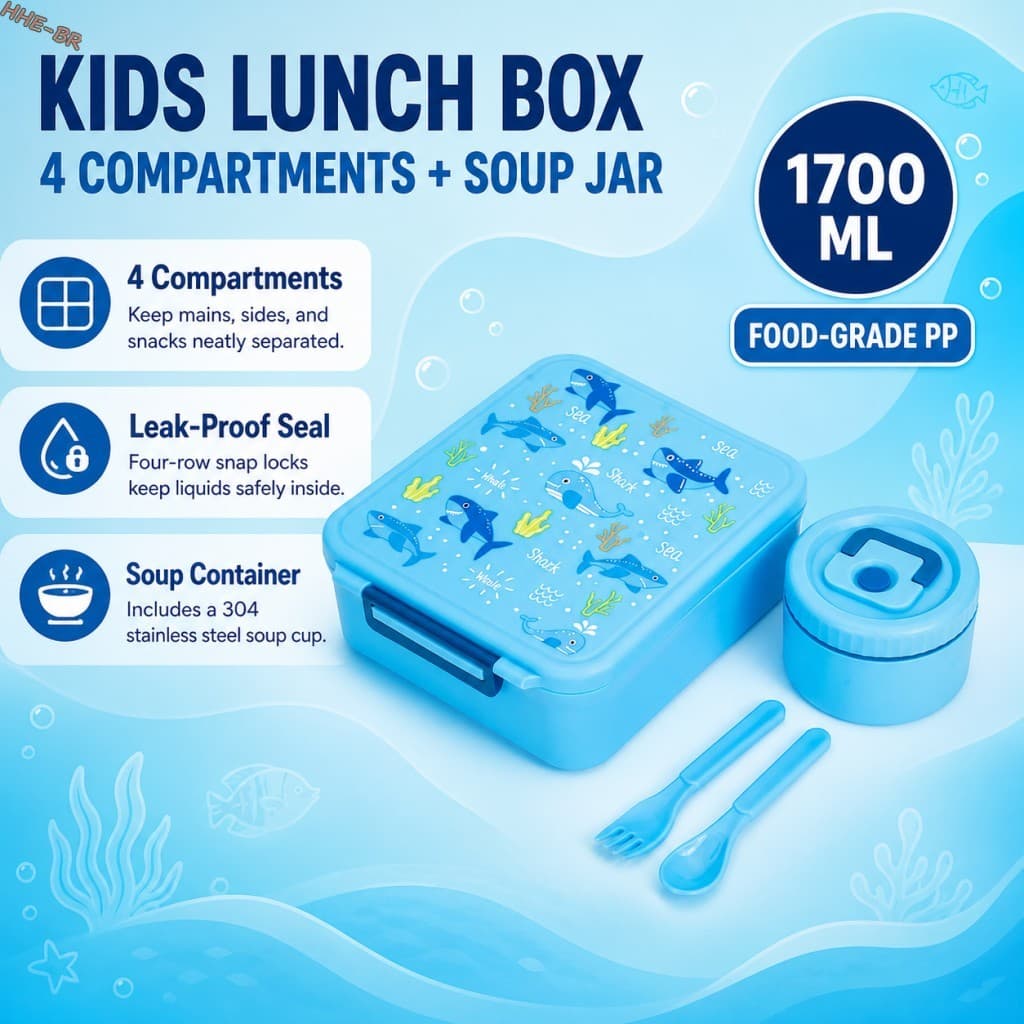 Lancheira Bento Infantil 4 Compartimentos 1700ml Recipiente Seguro Para Micro-Ondas À Prova De Vazamentos De Qualidade A