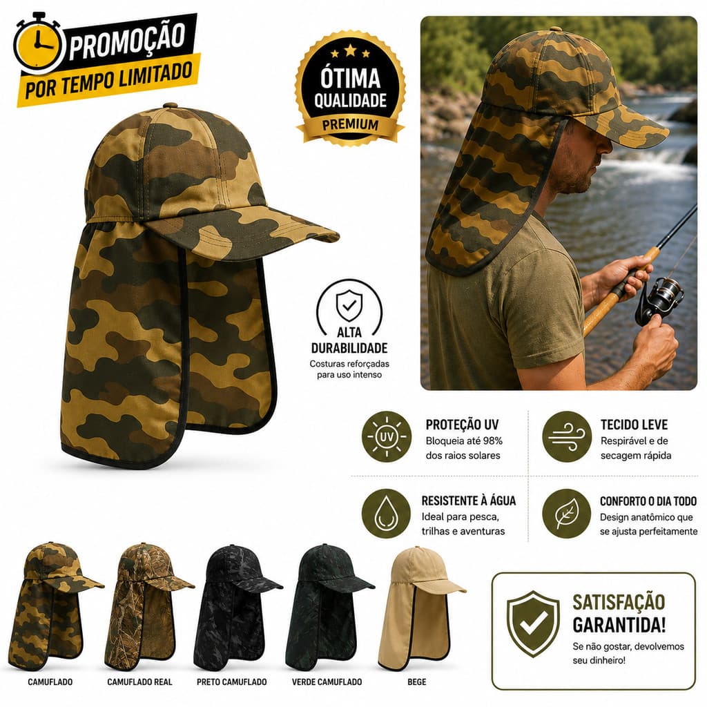 Boné Pescador Proteção Solar Com Protetor De Nuca Camuflado Para Trilha Camping E Pesca