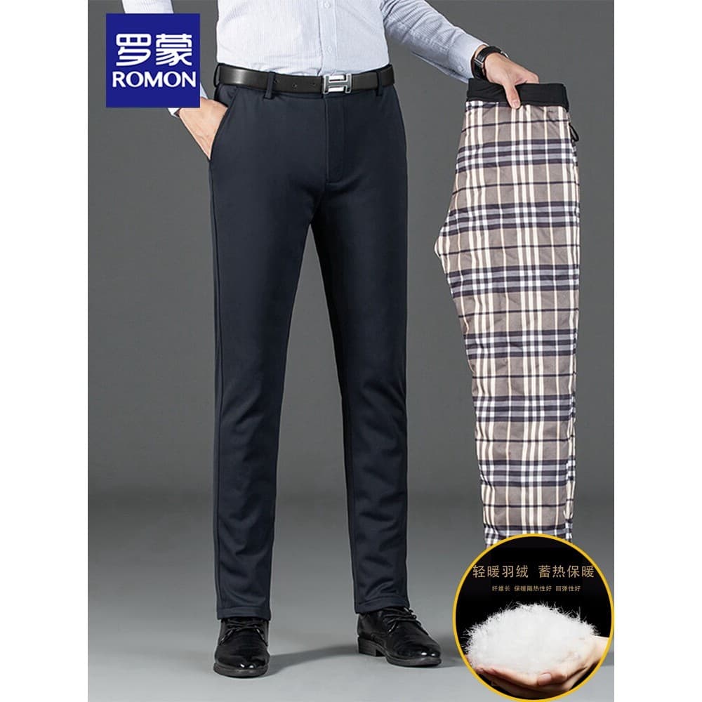 Elástico de quatro lados] Romon Calças masculinas de inverno com penas de ganso retas soltas calças de negócios espessad