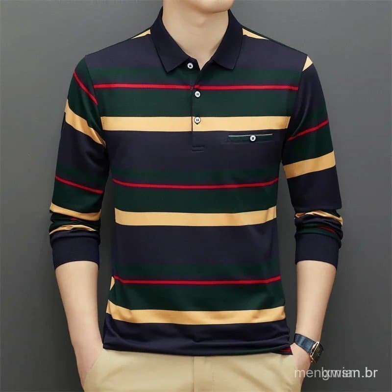 Nova camisa polo masculina casual de manga longa com listras e xadrez, camisa polo de cor sólida com estilo moderno.