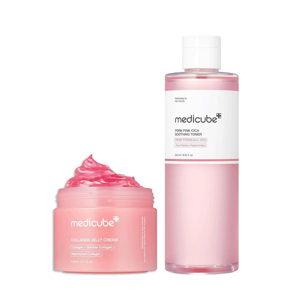 medicubePinkGlowHomeCareDuo: Tônico Peptídico Rosa PDRN e Gel de Colágeno (110ml) 30CF