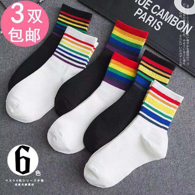 Meias arco-íris femininas meias de tubo médio listrado estilo japonês meias na moda rua coreano doce cor estudante verão