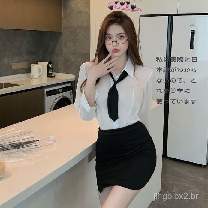 Camisa de chiffon para mulheres, saia curta de manga longa, camisola justa, conjunto de uniforme de secretária, camisola