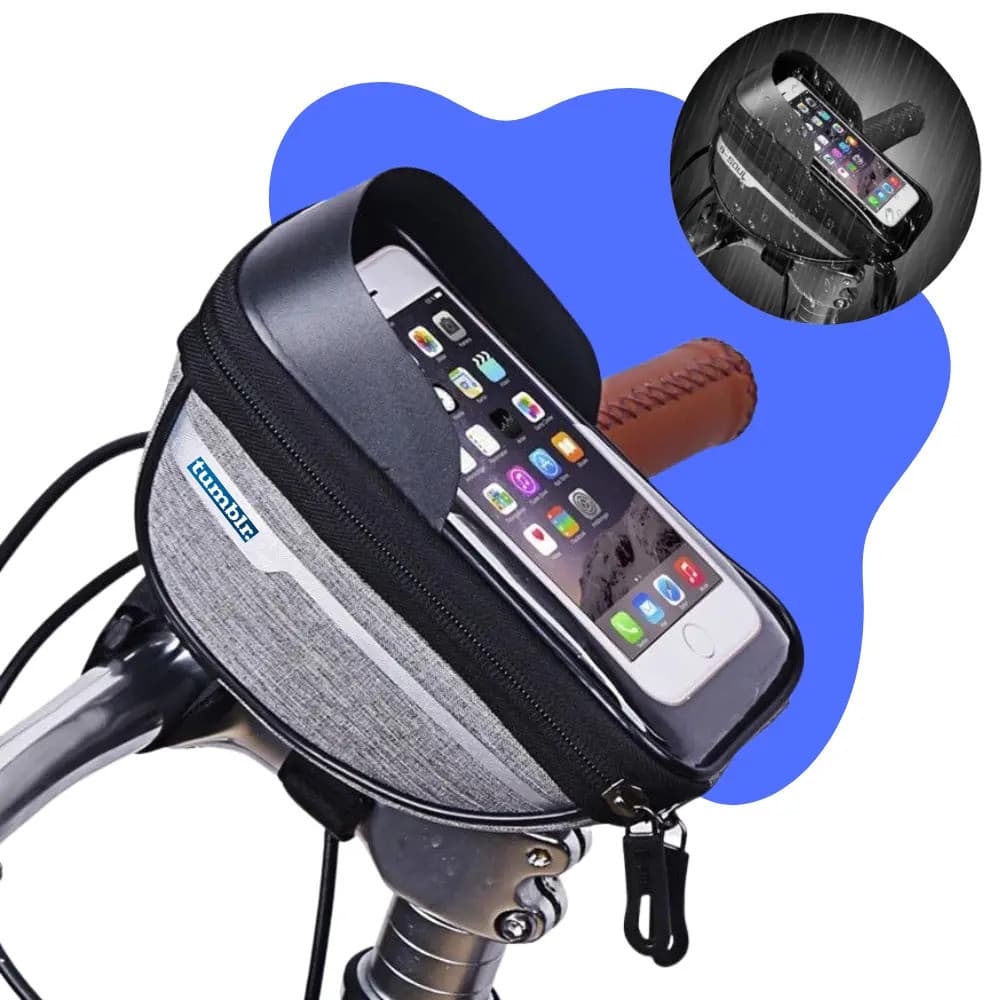 Bolsa impermeável para guidão de bicicleta com suporte para celular, cinza
