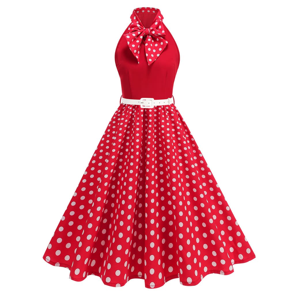 Feminino Retro 50 60s Vestido Arco Gola Bolinhas Balanço Com Cinto Rockabilly Festa À Noite Cocktail Senhora Roupas