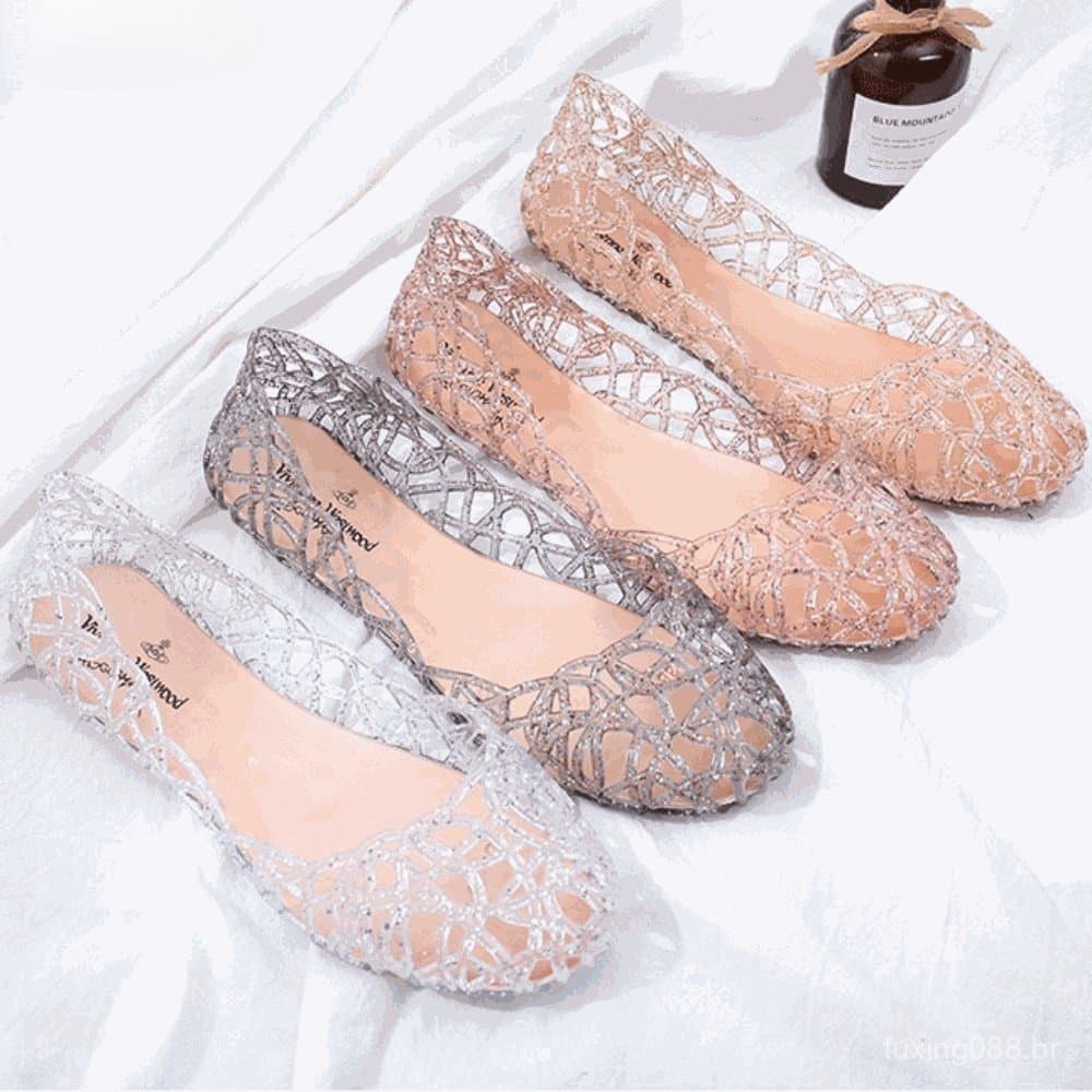 SCOFIE Sandálias Femininas , De Sola Plana , Sapatos De Geleia De Praia Transparentes Boca Raso Respirável Verão