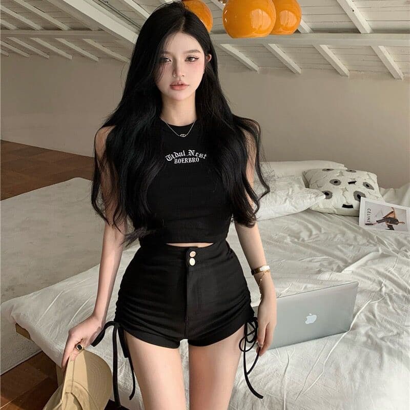 Em forma de I mais magro olhar quente menina carta bordado sem mangas camisola magro-ajuste estilo curto interior exteri