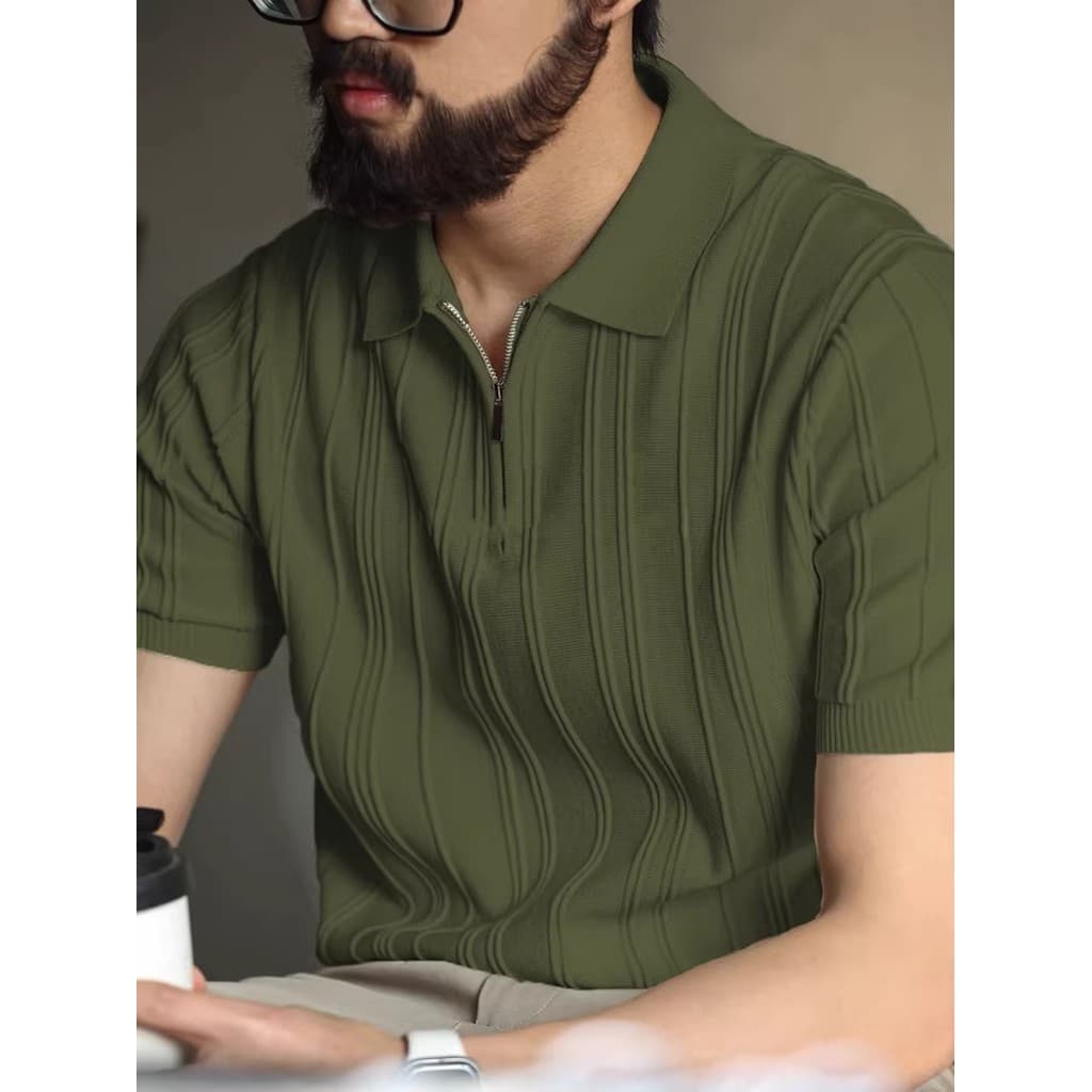 Europeu americano meio zíper gelo seda malha polo camisa masculina legal respirável fino-ajuste moletom de manga curta c