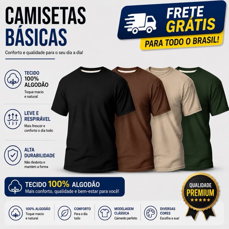 Kit 4 Camisetas Masculina 100% Algodão Básica Varias Cores Lisa Gola Redonda Camisa Envio Imediato