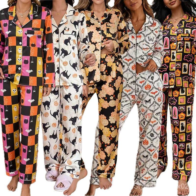 Conjunto de pijama feminino de Halloween, manga longa e calças compridas para uso doméstico 7.21