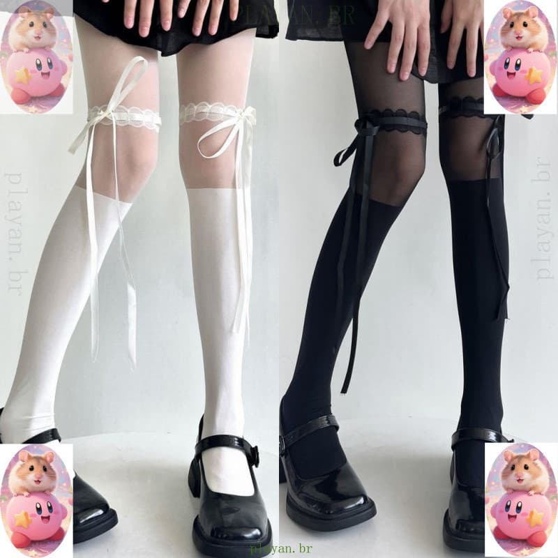 Meias Brancas Laço Doce JK Lolita Meias Lolita Meias Pretas Laço Cruzado Desejo Puro Meia-calça Branca MPCK