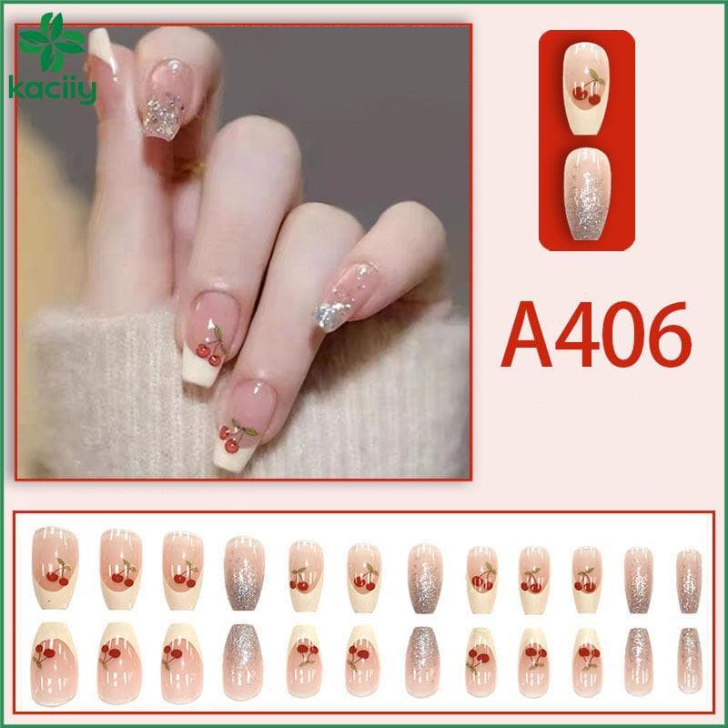 KC 24 Unidades De Unhas Postiças Com Glitter Cereja Francesa Da Moda Adesivo Gelatinoso Destacável Capa Completa Prensa
