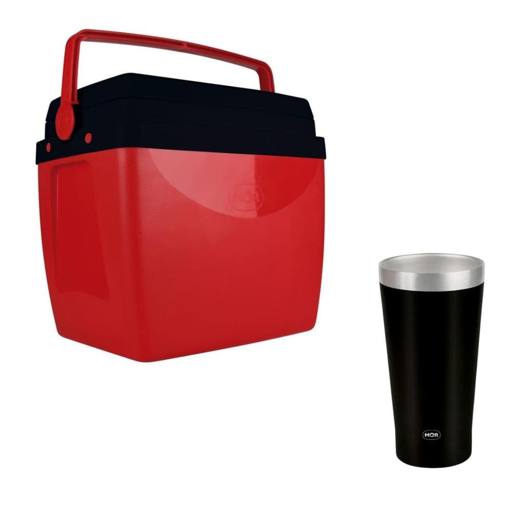 Kit Copo Térmico Inox 550ml Preto + Caixa Térmica Cooler 26L VERMELHO