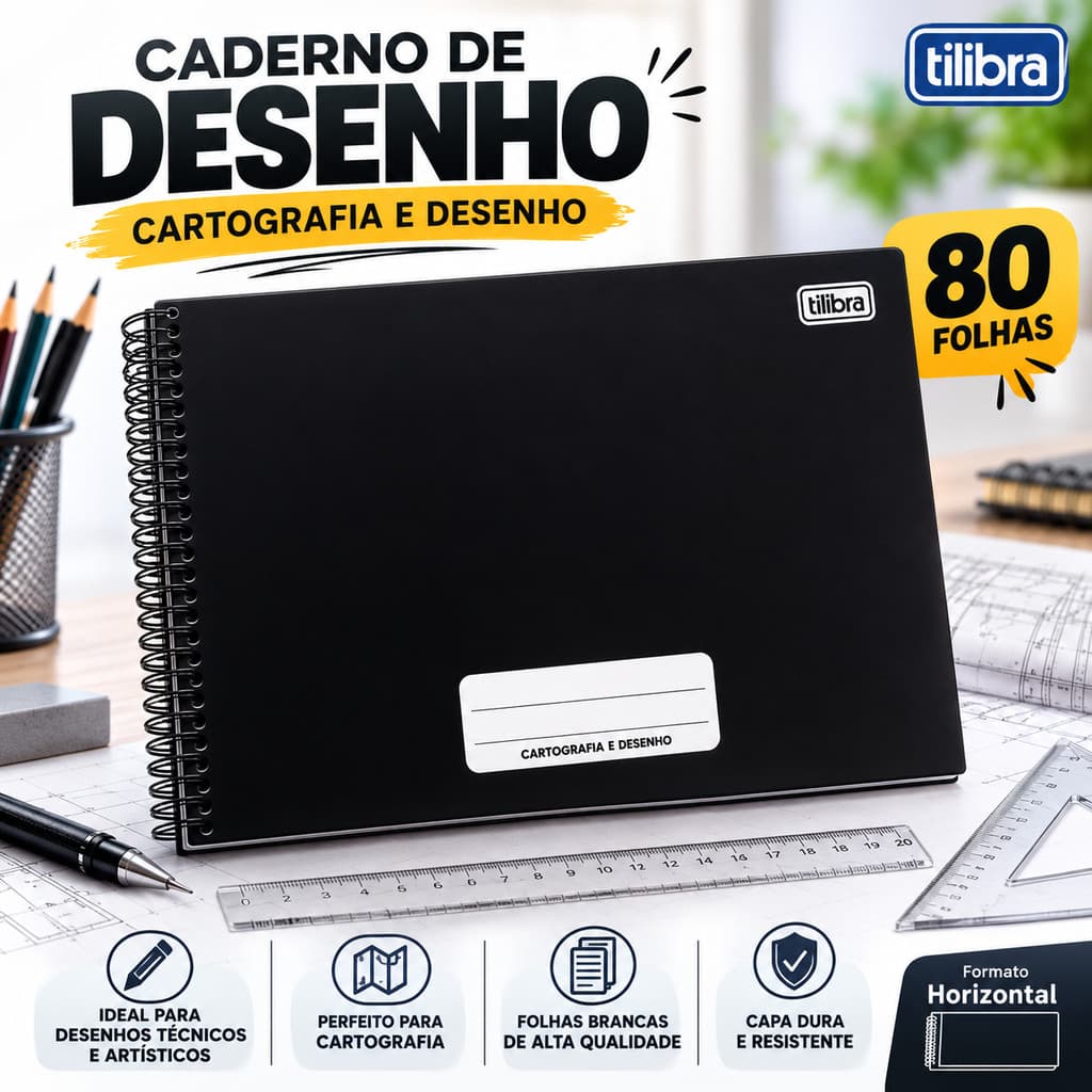 Caderno de Desenho Cartografia Tilibra 80 Folhas - Preto