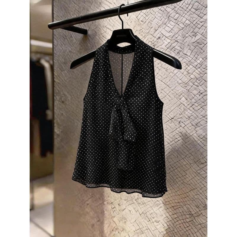 [Seckill por tempo limitado] Camisola preta de bolinhas com decote em V de Chiffon, Top de gravata borboleta de nicho co